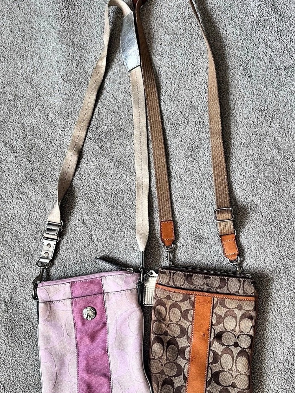 Coach Signature Stripe Swingpack Two Crossbody Bags in Pink & Brown